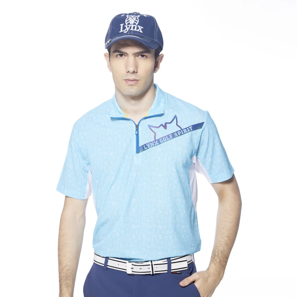 【Lynx Golf】男款吸溼排汗蛀蟲紗材質大山貓印花短袖立領POLO衫/高爾夫球衫(淺藍色)
