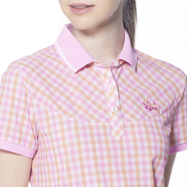 【Lynx Golf】女款吸濕排汗蛀蟲紗羅紋領滿版格紋短袖POLO衫/高爾夫球衫(粉紅色)