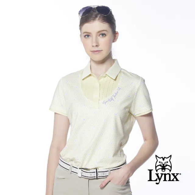 【Lynx Golf】女款吸濕排汗假兩件式滿版高爾夫球印花短袖POLO衫/高爾夫球衫(淺黃色)