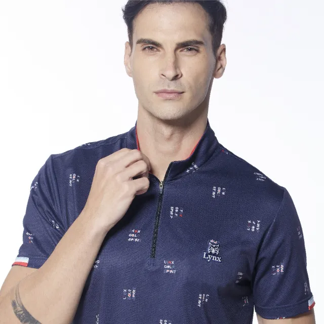 【Lynx Golf】男款吸汗速乾合身版水波紋袖口造型設計短袖立領POLO衫/高爾夫球衫(深藍色)