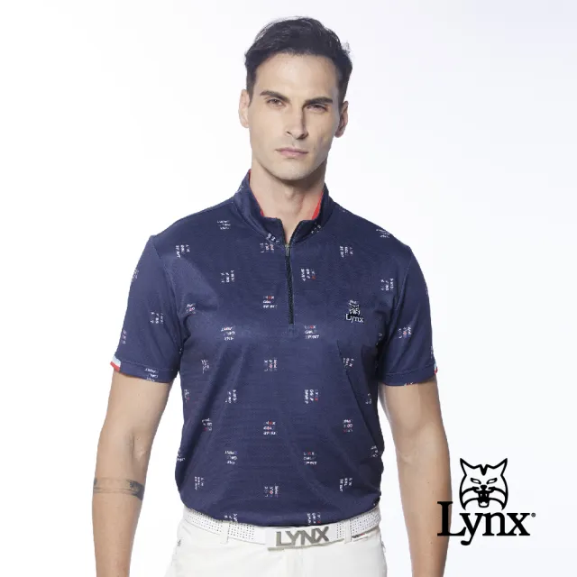 【Lynx Golf】男款吸汗速乾合身版水波紋袖口造型設計短袖立領POLO衫/高爾夫球衫(深藍色)