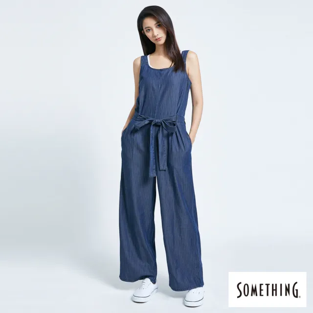 【SOMETHING】女裝 NEO FIT綁帶條紋連身寬褲(酵洗藍)