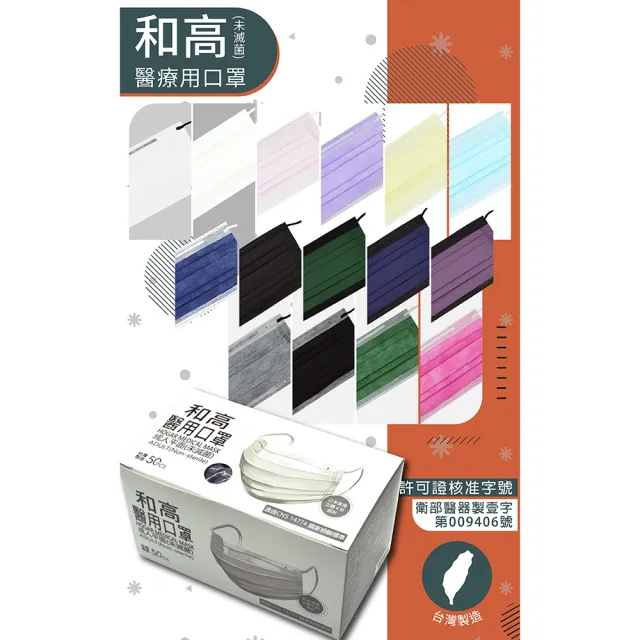 【和高】台灣製 成人平面多色醫用口罩-100入(送口罩支撐架 酒精噴霧筆)