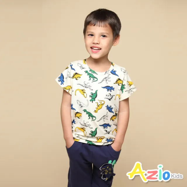 【Azio Kids 美國派】男童 上衣 滿版彩色恐龍印花短袖上衣T恤(米白)