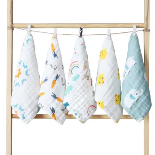 【優貝選】童趣圖案純綿柔軟嬰幼兒水洗六層紗布方巾(超值六件組)