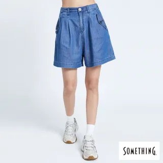 【SOMETHING】女裝 NEO FIT袋蓋打摺條紋五分褲(拔洗藍)