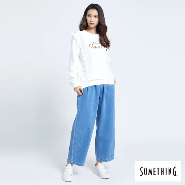 【SOMETHING】女裝 NEO FIT高腰褲口打摺牛仔褲(中古藍)