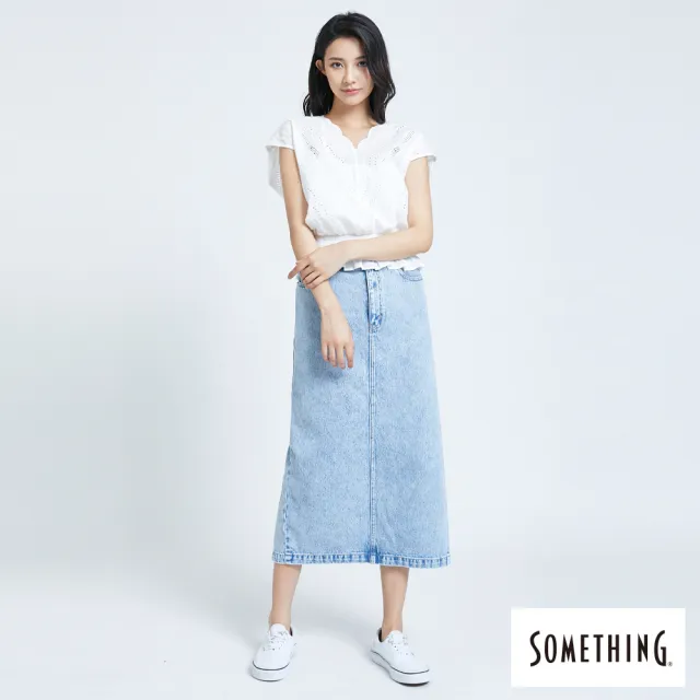 【SOMETHING】女裝 NEO FIT復古開衩牛仔窄裙(漂淺藍)