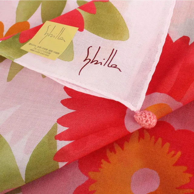 【Sybilla】盛開花朵純綿方巾手帕領巾(紅色/粉色底)