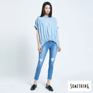 【SOMETHING】女裝 NEO FIT內腰鬆緊帶九分牛仔褲(漂淺藍)