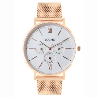 【LOVME】1089系列三眼米蘭錶帶禮盒時尚手錶-IP玫x白/41mm(VM1089M-44-241-C)
