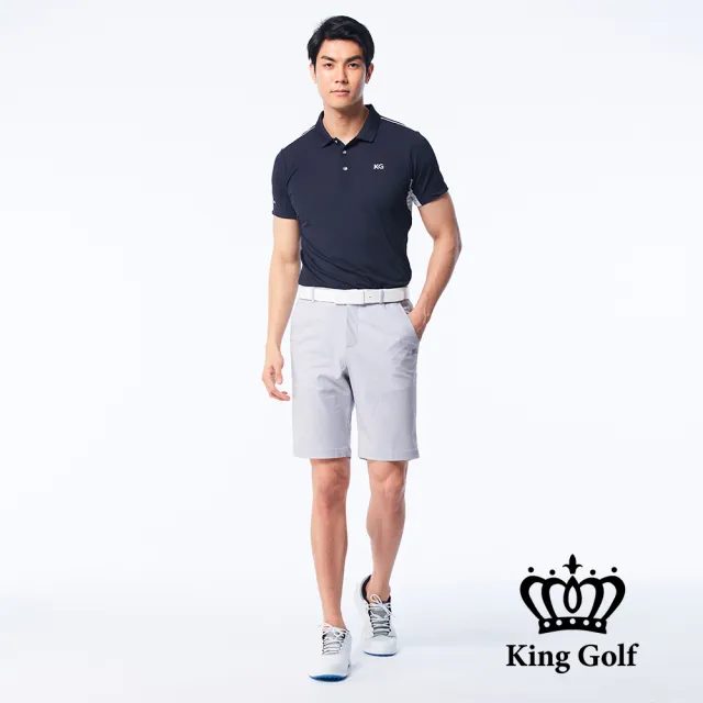 【KING GOLF】網路獨賣款-速達-男款細格紋印圖修身彈性高爾夫球短褲(灰色)