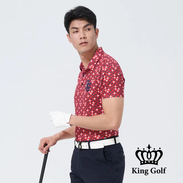 【KING GOLF】網路獨賣款-速達-男款小花印圖KG刺繡開襟POLO衫/高爾夫球(紅色)