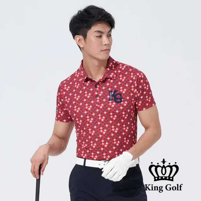 【KING GOLF】網路獨賣款-速達-男款小花印圖KG刺繡開襟POLO衫/高爾夫球(紅色)