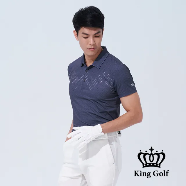 【KING GOLF】速達-男款三角撞色印圖開襟POLO衫/高爾夫球衫(深灰)