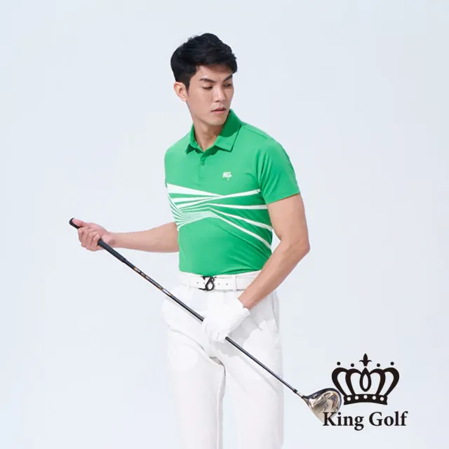 【KING GOLF】速達-男款放射線條撞色印圖開襟POLO衫/高爾夫球衫(綠色)