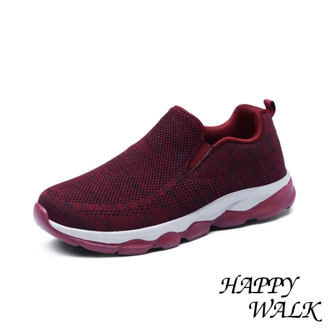【HAPPY WALK】舒適彈力飛織懶人套腳寬楦休閒樂福鞋(酒紅)