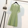 【KVOLL】現貨-玩美衣櫃果綠拼接扭結開衩雪紡洋裝M-3XL