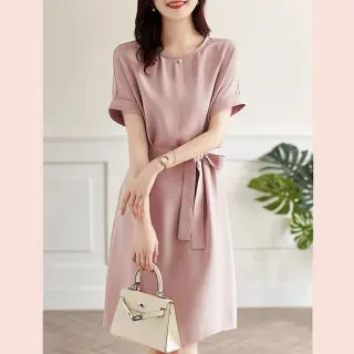 【初色】氣質收腰綁帶雪紡連身裙洋裝-粉紅色-60897(M-2XL可選)