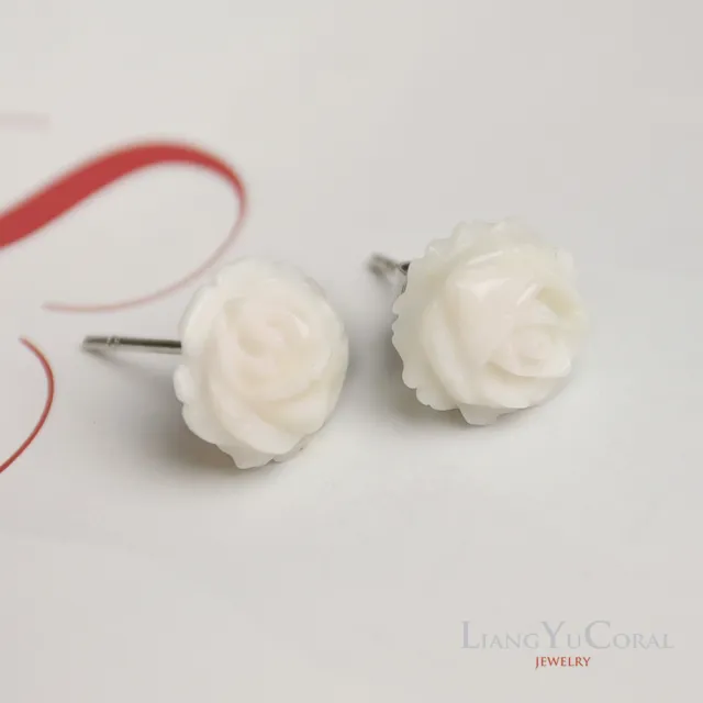 【大東山樑御珊瑚】天然粉白珊瑚10mm玫瑰花耳針式耳環