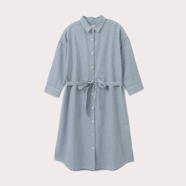 【Hang Ten】女裝-格紋七分袖襯衫洋裝(藍)