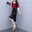 【KVOLL】現貨-玩美衣櫃柔美紅花邊衣袖上衣+荷葉黑裙二件裙套裝L-5XL