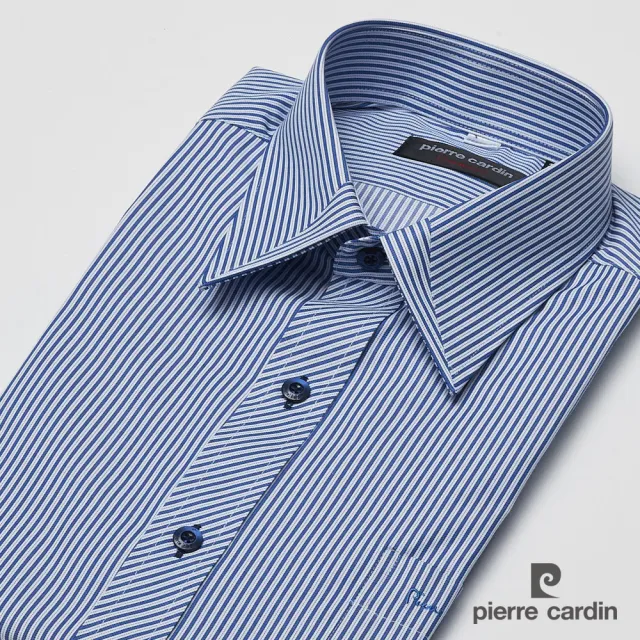 【pierre cardin 皮爾卡登】男襯衫 棉混紡抗皺舒適商務休閒條紋短袖襯衫_藍條(52256-33)