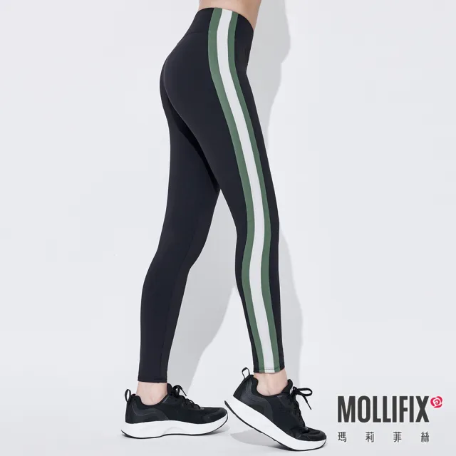 【Mollifix 瑪莉菲絲】側邊雙色延伸動塑褲、瑜珈服、Legging(黑)