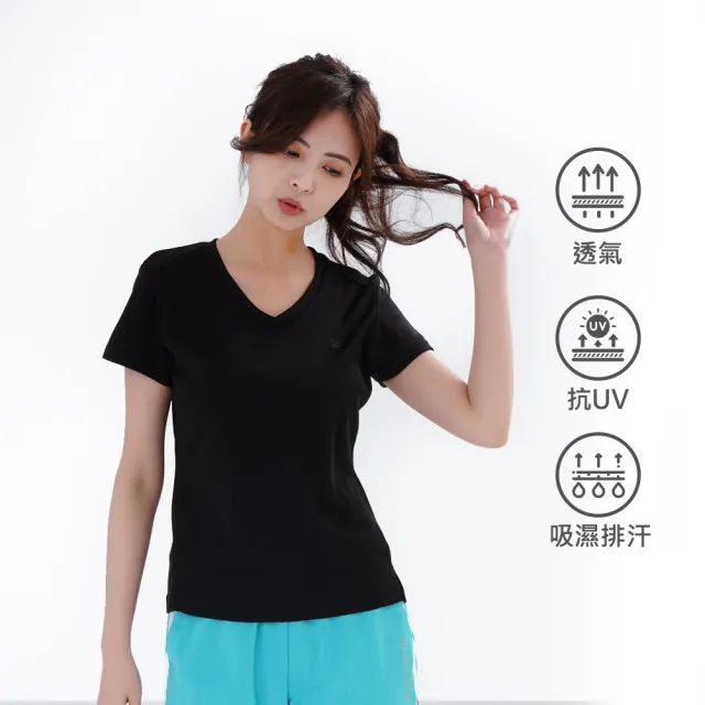 【遊遍天下】MIT台灣製女款涼爽顯瘦抗UV防曬涼感吸濕排汗機能V領衫 黑色(S-3L 大尺碼)