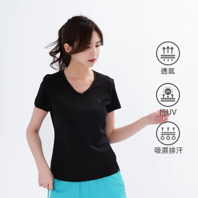 【遊遍天下】MIT台灣製女款涼爽顯瘦抗UV防曬涼感吸濕排汗機能V領衫 黑色(S-3L 大尺碼)