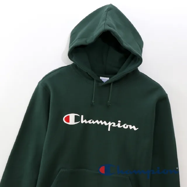 【Champion】官方直營-Basic草寫Logo內刷毛連帽長袖Tee-男(深綠色)