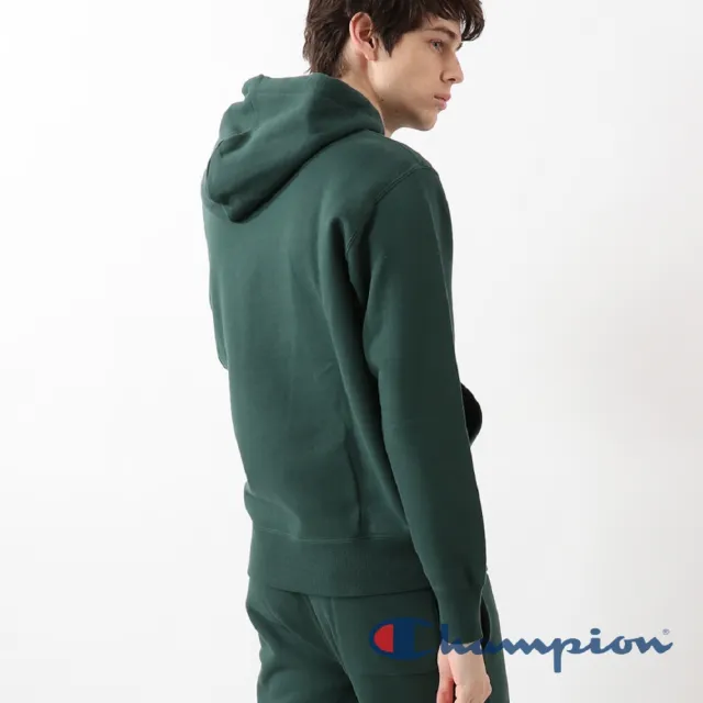 【Champion】官方直營-Basic草寫Logo內刷毛連帽長袖Tee-男(深綠色)