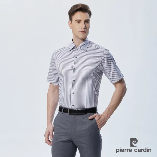 【pierre cardin 皮爾卡登】男襯衫 棉混紡抗皺舒適扣領商務休閒條紋定位短袖襯衫_白底灰條(52266-93)