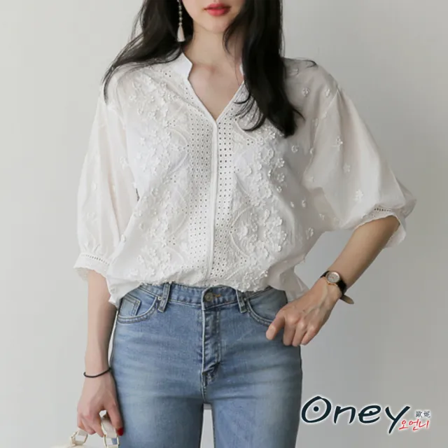 【ONEY 歐妮】★簡約刺繡七分袖上衣(寬鬆/短袖/上班族)