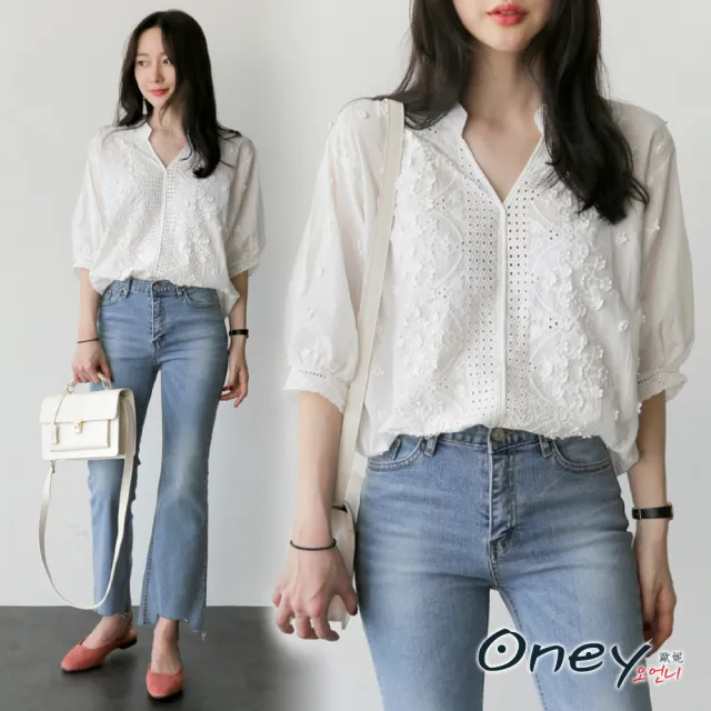 【ONEY 歐妮】★簡約刺繡七分袖上衣(寬鬆/短袖/上班族)