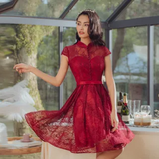 【OMUSES】蕾絲刺繡紅色旗袍短禮服B7-98729(S-3L)