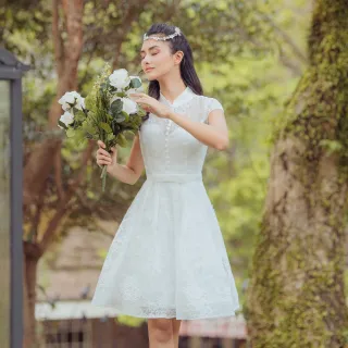 【OMUSES】蕾絲刺繡白色旗袍短禮服B7-98729(S-3L)