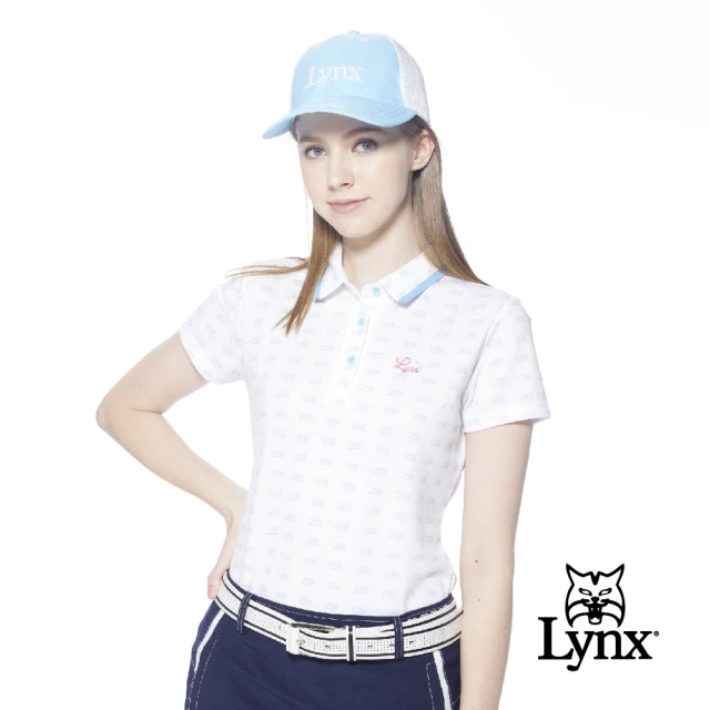 【Lynx Golf】女款吸排抗UV合身版花邊領設計滿版Lynx字樣印花短袖POLO衫/高爾夫球衫(白色)