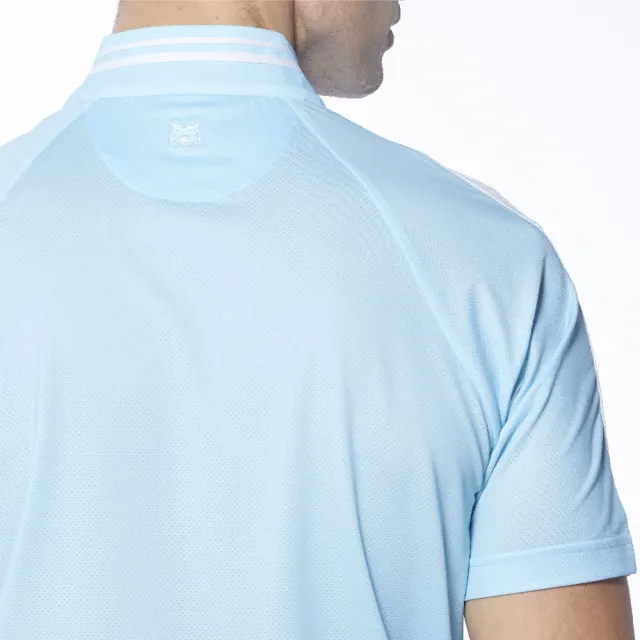 【Lynx Golf】男款吸汗速乾涼感Mesh洞洞布異材質剪接短袖立領POLO衫/高爾夫球衫(淺藍色)