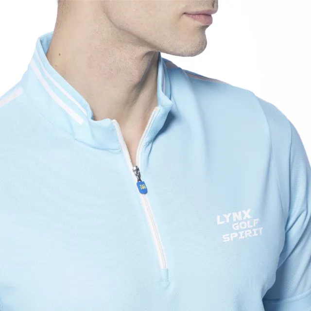 【Lynx Golf】男款吸汗速乾涼感Mesh洞洞布異材質剪接短袖立領POLO衫/高爾夫球衫(淺藍色)