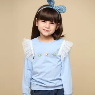 【Azio Kids 美國派】女童 上衣 立體小花刺繡肩網紗造型長袖上衣T恤(藍)