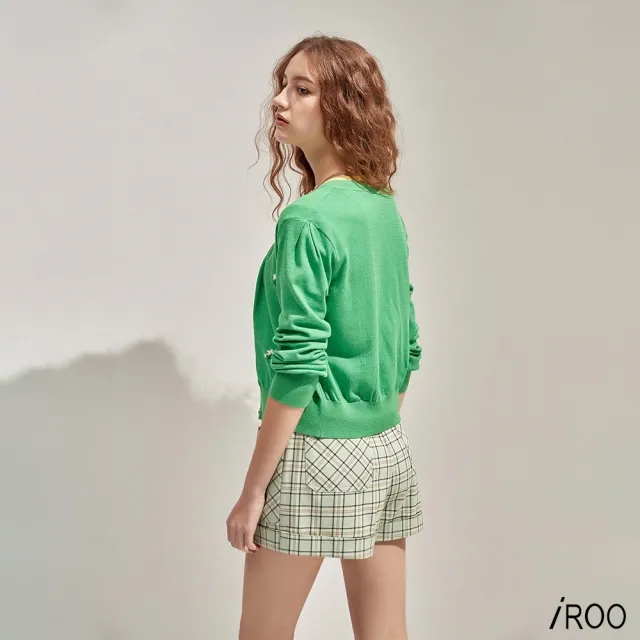 【iROO】綠色交織駝色格紋短褲