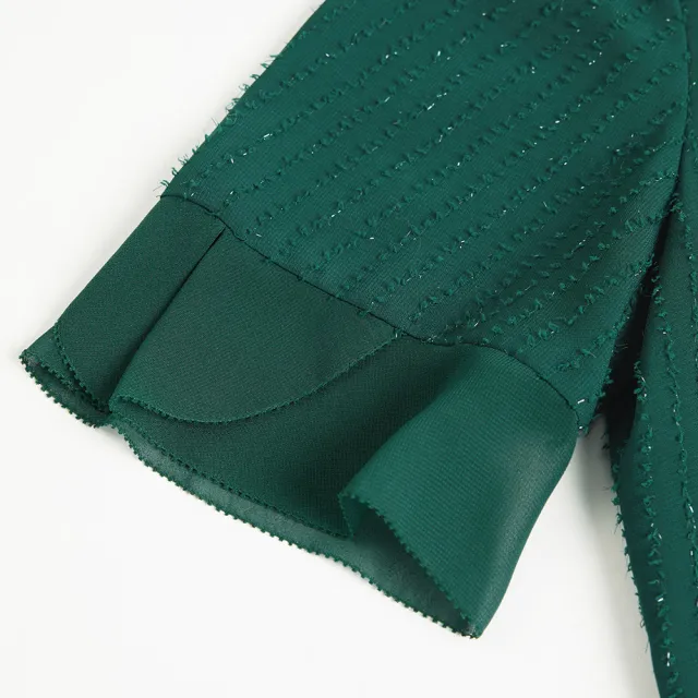【ILEY 伊蕾】貴氣金蔥織芽條紋造型小花雪紡上衣1222061105(深綠)