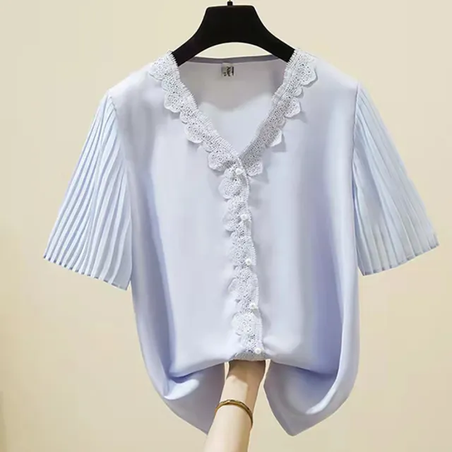 【麗質達人】6767蕾絲邊短袖上衣-三色AA(L-4XL)