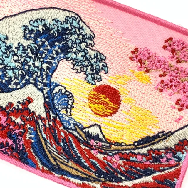 【A-ONE 匯旺】神奈川沖浪裏 粉紅櫻花 日本浮世繪 PATCH 刺繡背膠補丁 袖標 布標 布貼(NO.365)