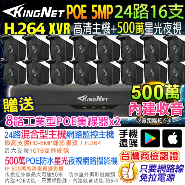 KINGNET 500萬 NVR 24路16支監控主機套餐(戶外防水 內建收音 POE)