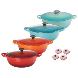 【Le Creuset】琺瑯鑄鐵鍋媽咪鍋22cm+圓鍋造型夾片*4(多色任選)