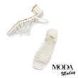 【MODA Moday】簡約交叉線條羊皮方頭粗跟涼鞋(白)