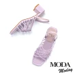 【MODA Moday】簡約交叉線條羊皮方頭粗跟涼鞋(紫)