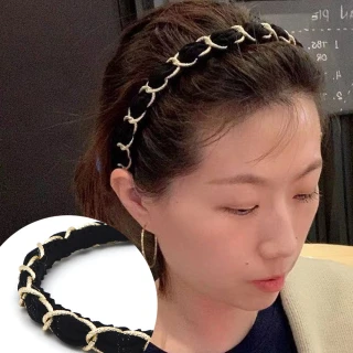 【AnnaSofia】韓式髮箍髮飾-典雅繞織鎖鏈 現貨(黑金系)